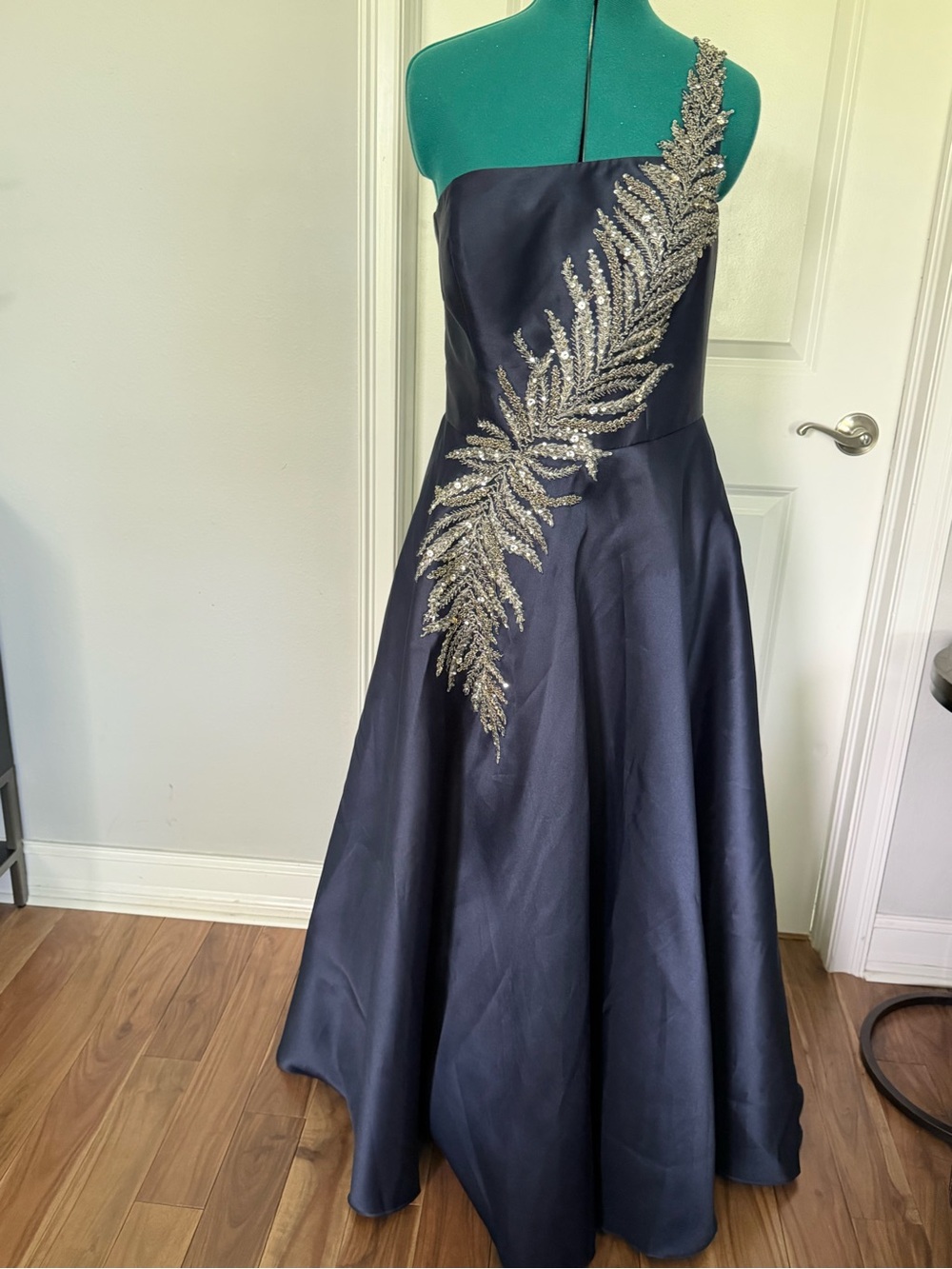Terani Couture Navy Blue One-Shoulder Prom Gown with Silver Embellishment - Picture 3 of 12